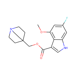 COc1cc(F)cc2[nH]cc(C(=O)OCC34CCN(CC3)CC4)c12 ZINC001772606018