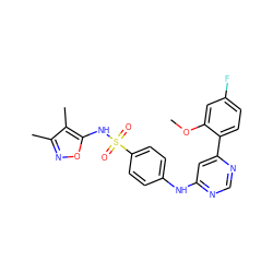 COc1cc(F)ccc1-c1cc(Nc2ccc(S(=O)(=O)Nc3onc(C)c3C)cc2)ncn1 ZINC000217069667