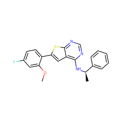 COc1cc(F)ccc1-c1cc2c(N[C@H](C)c3ccccc3)ncnc2s1 ZINC000653692116