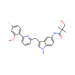 COc1cc(F)ccc1-c1cccc(Cc2cn(C)c3ccc(NC(=O)C(C)(C)CO)cc23)n1 ZINC000058591945