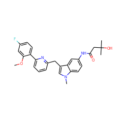 COc1cc(F)ccc1-c1cccc(Cc2cn(C)c3ccc(NC(=O)CC(C)(C)O)cc23)n1 ZINC000058582401