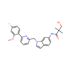 COc1cc(F)ccc1-c1cccc(Cn2ccc3ccc(NC(=O)C(C)(C)CO)cc32)n1 ZINC000058590541