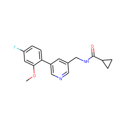 COc1cc(F)ccc1-c1cncc(CNC(=O)C2CC2)c1 ZINC000071340288