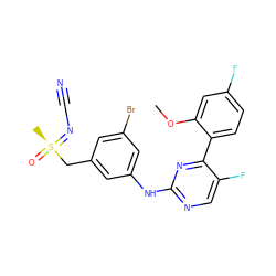 COc1cc(F)ccc1-c1nc(Nc2cc(Br)cc(C[S@](C)(=O)=NC#N)c2)ncc1F ZINC000206895871