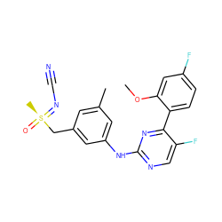 COc1cc(F)ccc1-c1nc(Nc2cc(C)cc(C[S@](C)(=O)=NC#N)c2)ncc1F ZINC000206908842