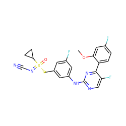 COc1cc(F)ccc1-c1nc(Nc2cc(F)cc(C[S@](=O)(=NC#N)C3CC3)c2)ncc1F ZINC000206905730