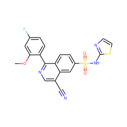 COc1cc(F)ccc1-c1ncc(C#N)c2cc(S(=O)(=O)Nc3nccs3)ccc12 ZINC000215516964
