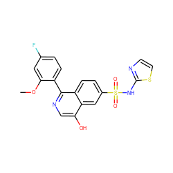 COc1cc(F)ccc1-c1ncc(O)c2cc(S(=O)(=O)Nc3nccs3)ccc12 ZINC000225111593
