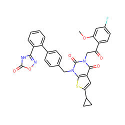 COc1cc(F)ccc1C(=O)Cn1c(=O)c2cc(C3CC3)sc2n(Cc2ccc(-c3ccccc3-c3noc(=O)[nH]3)cc2)c1=O ZINC000096169972