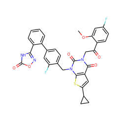 COc1cc(F)ccc1C(=O)Cn1c(=O)c2cc(C3CC3)sc2n(Cc2ccc(-c3ccccc3-c3noc(=O)[nH]3)cc2F)c1=O ZINC000096169971