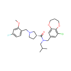 COc1cc(F)ccc1CN1CC[C@@H](C(=O)N(Cc2cc(Cl)c3c(c2)OCCCO3)CC(C)C)C1 ZINC000114100444