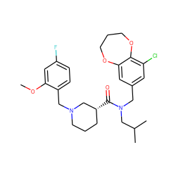 COc1cc(F)ccc1CN1CCC[C@@H](C(=O)N(Cc2cc(Cl)c3c(c2)OCCCO3)CC(C)C)C1 ZINC000114100118