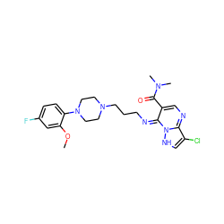 COc1cc(F)ccc1N1CCN(CCCN=c2c(C(=O)N(C)C)cnc3c(Cl)c[nH]n23)CC1 ZINC000377823692