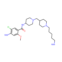 COc1cc(N)c(Cl)cc1C(=O)NC1CCN(CC2CCN(CCCCCN)CC2)CC1 ZINC000013439970