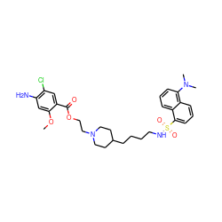 COc1cc(N)c(Cl)cc1C(=O)OCCN1CCC(CCCCNS(=O)(=O)c2cccc3c(N(C)C)cccc23)CC1 ZINC000026579351