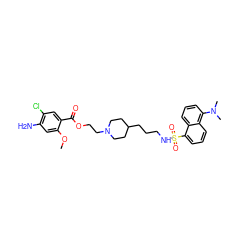 COc1cc(N)c(Cl)cc1C(=O)OCCN1CCC(CCCNS(=O)(=O)c2cccc3c(N(C)C)cccc23)CC1 ZINC000026578906