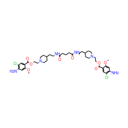 COc1cc(N)c(Cl)cc1C(=O)OCCN1CCC(CCNC(=O)CCCC(=O)NCCC2CCN(CCOC(=O)c3cc(Cl)c(N)cc3OC)CC2)CC1 ZINC000095543135