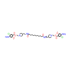 COc1cc(N)c(Cl)cc1C(=O)OCCN1CCC(CCNC(=O)CCCCCCCCCCC(=O)NCCC2CCN(CCOC(=O)c3cc(Cl)c(N)cc3OC)CC2)CC1 ZINC000150543131