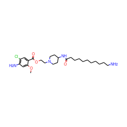 COc1cc(N)c(Cl)cc1C(=O)OCCN1CCC(NC(=O)CCCCCCCCCCN)CC1 ZINC000028528183