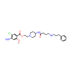 COc1cc(N)c(Cl)cc1C(=O)OCCN1CCC(NC(=O)CCCNCCCc2ccccc2)CC1 ZINC000040421712