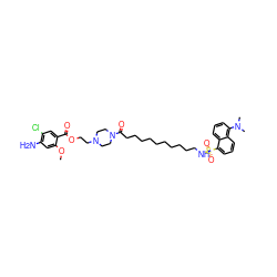 COc1cc(N)c(Cl)cc1C(=O)OCCN1CCN(C(=O)CCCCCCCCCCNS(=O)(=O)c2cccc3c(N(C)C)cccc23)CC1 ZINC000026577299