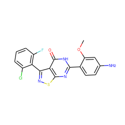 COc1cc(N)ccc1-c1nc2snc(-c3c(F)cccc3Cl)c2c(=O)[nH]1 ZINC000084617921