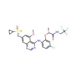 COc1cc(N=[S@@](C)(=O)C2CC2)cc2ncnc(Nc3ccc(F)cc3O[C@H](C)C(=O)NCC(F)(F)F)c12 ZINC001772645169