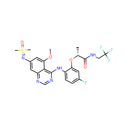 COc1cc(N=S(C)(C)=O)cc2ncnc(Nc3ccc(F)cc3O[C@H](C)C(=O)NCC(F)(F)F)c12 ZINC001772614543