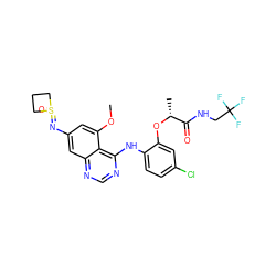 COc1cc(N=S2(=O)CCC2)cc2ncnc(Nc3ccc(Cl)cc3O[C@H](C)C(=O)NCC(F)(F)F)c12 ZINC001772633854