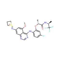 COc1cc(N=S2(=O)CCC2)cc2ncnc(Nc3ccc(F)cc3O[C@H](C)C(=O)N[C@@H](C)C(F)(F)F)c12 ZINC001772633843