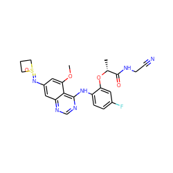 COc1cc(N=S2(=O)CCC2)cc2ncnc(Nc3ccc(F)cc3O[C@H](C)C(=O)NCC#N)c12 ZINC001772611834