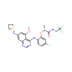 COc1cc(N=S2(=O)CCC2)cc2ncnc(Nc3ccc(F)cc3O[C@H](C)C(=O)NCC(F)(F)F)c12 ZINC001772615751