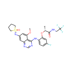 COc1cc(N=S2(=O)CCCC2)cc2ncnc(Nc3ccc(F)cc3O[C@H](C)C(=O)NCC(F)(F)F)c12 ZINC001772623997