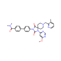 COc1cc(N2C(=O)N(c3ccc(-c4ccc(C(=O)N(C)C)cc4)cc3)C(=O)C23CCN(Cc2ncccc2C)CC3)ncn1 ZINC000084727213