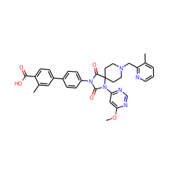 COc1cc(N2C(=O)N(c3ccc(-c4ccc(C(=O)O)c(C)c4)cc3)C(=O)C23CCN(Cc2ncccc2C)CC3)ncn1 ZINC000084710679