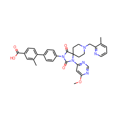 COc1cc(N2C(=O)N(c3ccc(-c4ccc(C(=O)O)cc4C)cc3)C(=O)C23CCN(Cc2ncccc2C)CC3)ncn1 ZINC000084705800