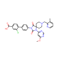 COc1cc(N2C(=O)N(c3ccc(-c4ccc(C(=O)O)cc4Cl)cc3)C(=O)C23CCN(Cc2ncccc2C)CC3)ncn1 ZINC000084712350