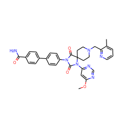 COc1cc(N2C(=O)N(c3ccc(-c4ccc(C(N)=O)cc4)cc3)C(=O)C23CCN(Cc2ncccc2C)CC3)ncn1 ZINC000084727206