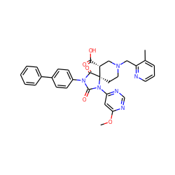 COc1cc(N2C(=O)N(c3ccc(-c4ccccc4)cc3)C(=O)[C@]23CCN(Cc2ncccc2C)C[C@H]3C(=O)O)ncn1 ZINC000084653148