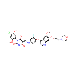 COc1cc(N2C(=O)NC(=O)/C(=C\Nc3ccc(Oc4ccnc5cc(OCCCN6CCOCC6)c(OC)cc45)c(F)c3)C2=O)c(OC)cc1Cl ZINC000150603820