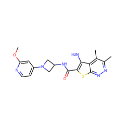 COc1cc(N2CC(NC(=O)c3sc4nnc(C)c(C)c4c3N)C2)ccn1 ZINC001772578517