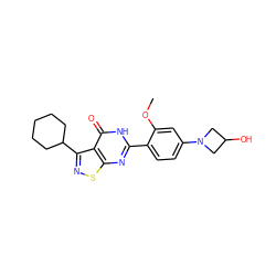 COc1cc(N2CC(O)C2)ccc1-c1nc2snc(C3CCCCC3)c2c(=O)[nH]1 ZINC000084618921