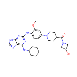 COc1cc(N2CCC(C(=O)N3CC(O)C3)CC2)ccc1Nc1nc(NC2CCCCC2)c2nc[nH]c2n1 ZINC000084757053