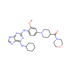 COc1cc(N2CCC(C(=O)N3CCOCC3)CC2)ccc1Nc1nc(NC2CCCCC2)c2nc[nH]c2n1 ZINC000084652155