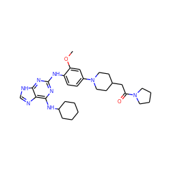 COc1cc(N2CCC(CC(=O)N3CCCC3)CC2)ccc1Nc1nc(NC2CCCCC2)c2nc[nH]c2n1 ZINC000084653857