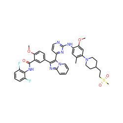 COc1cc(N2CCC(CCS(C)(=O)=O)CC2)c(C)cc1Nc1nccc(-c2c(-c3ccc(OC)c(C(=O)Nc4c(F)cccc4F)c3)nc3ccccn23)n1 ZINC000165100389