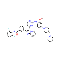 COc1cc(N2CCC(CN3CCCCC3)CC2)ccc1Nc1nccc(-c2c(-c3cccc(C(=O)Nc4c(F)cccc4F)c3)nc3ccccn23)n1 ZINC000165060495