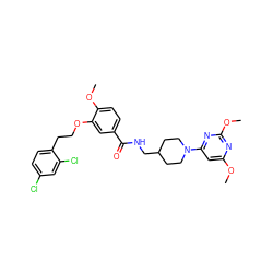 COc1cc(N2CCC(CNC(=O)c3ccc(OC)c(OCCc4ccc(Cl)cc4Cl)c3)CC2)nc(OC)n1 ZINC000014953597