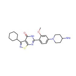 COc1cc(N2CCC(N)CC2)ccc1-c1nc2snc(C3CCCCC3)c2c(=O)[nH]1 ZINC000084618365