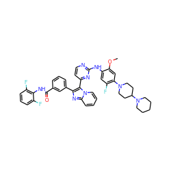 COc1cc(N2CCC(N3CCCCC3)CC2)c(F)cc1Nc1nccc(-c2c(-c3cccc(C(=O)Nc4c(F)cccc4F)c3)nc3ccccn23)n1 ZINC000165105660